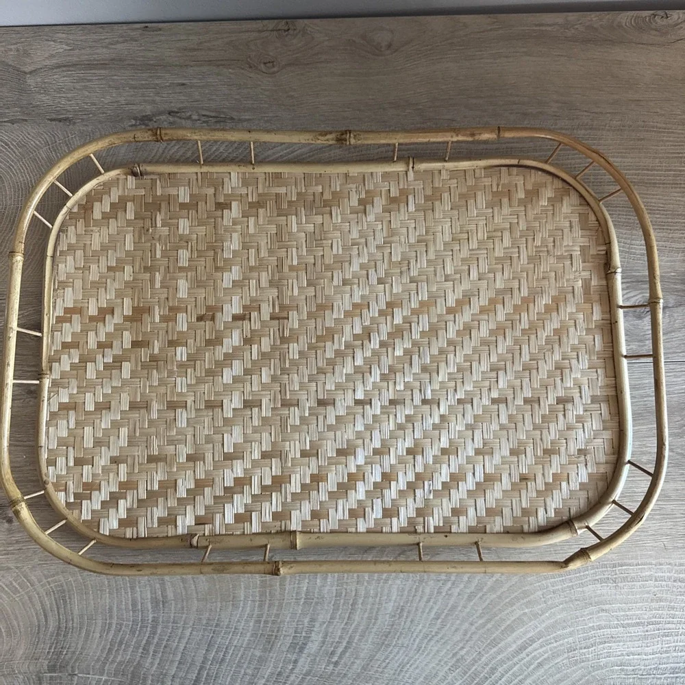 Rattan Bamboo Wicker Trays MCM Mid Century Woven Boho‎ Kitsch Tiki Bar Lot of 2